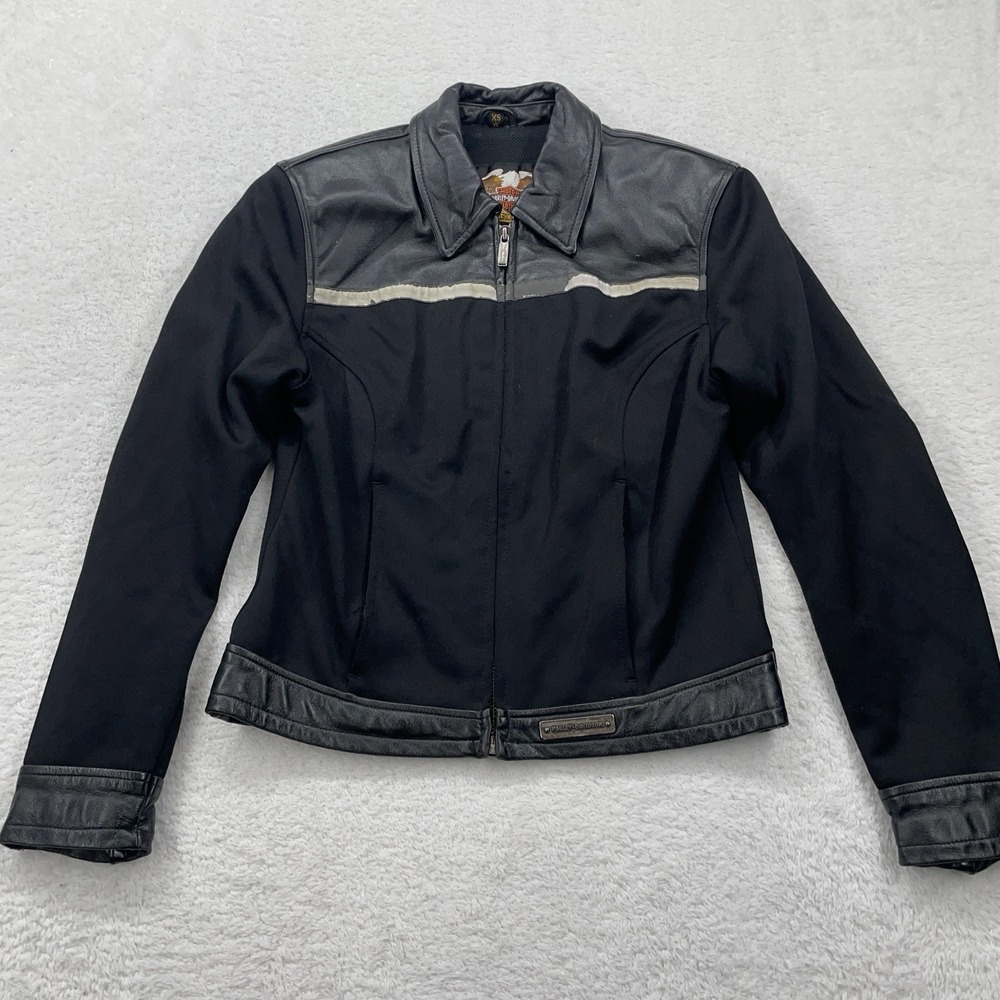 Harley-Davidson Womens Black‎ Leather/Nylon Full Zip Riding Jacket XS * Logo